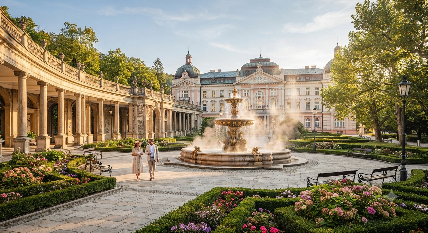 Kur in Europa: Thermalquellen und Kurhotels mit Heilwasser in historischen Kolonnaden europäischer Kurorte